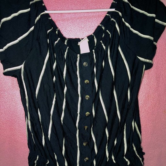 Navy Blue Striped Off the Shoulder Top - Picture 1 of 2